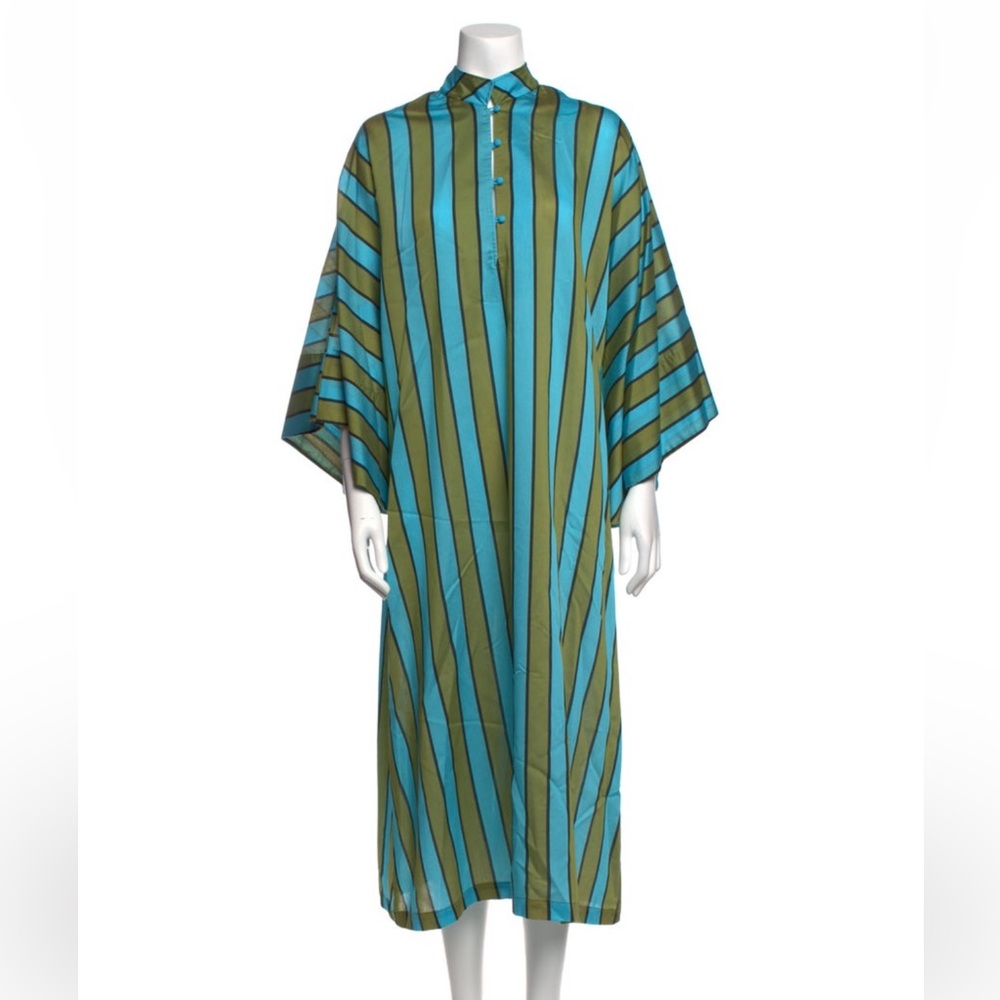 La Vie Style House Turquoise and Olive Striped Button-Front Midi Dress